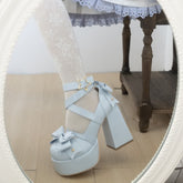 Tacones altos de plataforma gruesa con plataforma y lazo de Lolita Kawaii azul